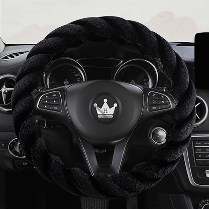 Luxury Fluffy Winter Car Steering Wheel Cover for Women Soft Warm Cute Auto Handle Cover for Jeep, Truck, Van, F150, Fuzzy, Anti Slip, Black, Large Size, 15.2-16in