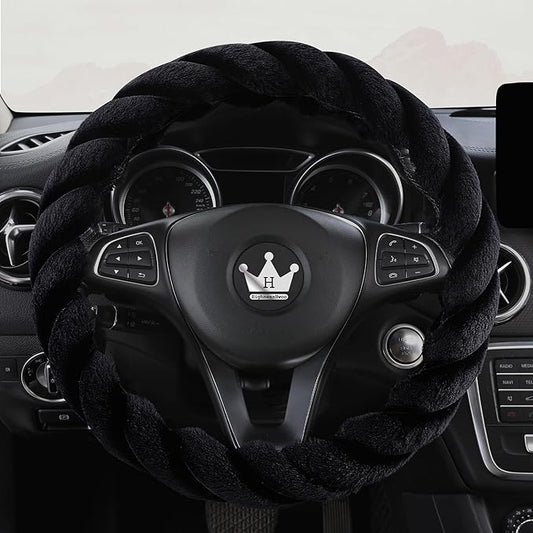 Luxury Fluffy Winter Car Steering Wheel Cover for Women Soft Warm Cute Auto Handle Cover for Jeep, Truck, Van, F150, Fuzzy, Anti Slip, Black, Large Size, 15.2-16in