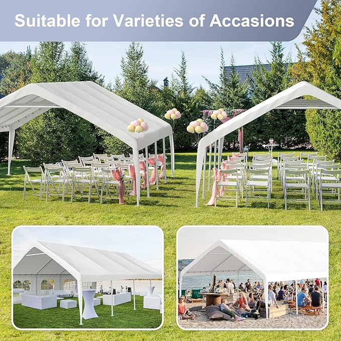 Morngardo 20'x26' Carports Clearance, Large Canopy Tent for Parties Heavy Duty Car Tent Metal Carport Portable Garage with Removable Sidewalls, White