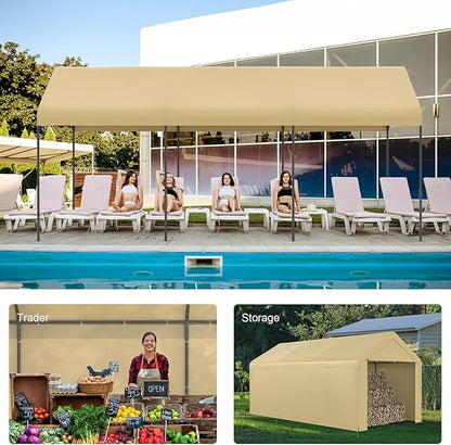 Carport, 10‘ x 20’ Heavy Duty Portable Garage All-Season Car Canopy w/Removable Sidewall & Doors, Carport Canopy Party Tent w/Water-Resistant Tarp for Backyard (Yellow, 10‘ x 20’)