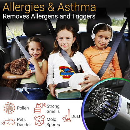 Car Air Purifier Ionizer - 12V Plug-in Ionic Anti-Microbial Car Deodorizer with Dual USB Charger - Smoke Smell, Pet and Food Odors, Allergens, Viruses Eliminator for Car (Matte Silver)