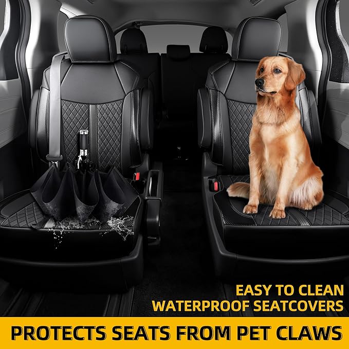 Custom Fit Sienna Seat Covers for Toyota Sienna LE,XLE 2021-2025 3-Row Accessories Full Coverage Waterproof Leather Car Seat Covers Full Set (Black, 8-Seat)