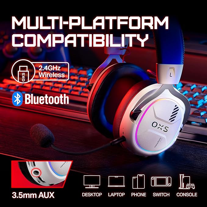 OXS Storm G2 Wireless Gaming Headsets, 7.1 Virtual Surround Sound, 3 EQ Modes, 2.4G Low Latency, 50mm Driver, 40H Playtime, RGB Light, Bluetooth 5.3, Compatible with PC, Console, Mobile, White