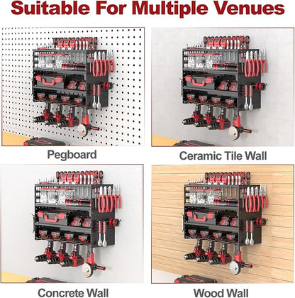 Power Tool Organizer Wall Mount - 4 Layer Metal Power Tool Storage Rack, Cordless Drill Holder with 4 Hooks, Utility Storage Rack for Garage Workshop Shed Pegboard