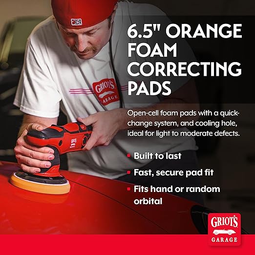Griot's Garage Orange Foam Correcting Pads for Car Polishing and Detailing, Removes Light to Moderate Paint Defects, Durable, Machine-Washable, 10617, 6.5", Set of 2