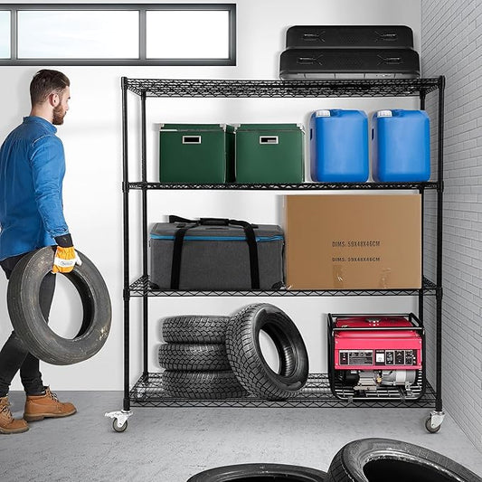 Rengue 4-Tier Wire Shelving with Wheels, 60"x 24"x72" Metal Storage Shelves, Heavy Duty Garage Storage Shelves, Chrome 2400LBS Capacity Wire Shelf Rack for Restaurant, Garage, Pantry, Black