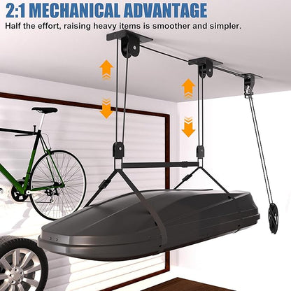 Cargo Box Pulley System for Garage Storage, Heavy-Duty Kayak/Canoes/Bikes/Ladders Ceiling Hoist, Hold Up to 150 lbs Capacity, Fit 10-18 Foot Ceilings, Black