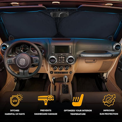 EcoNour Jeep Windshield Sunshade | Sun Visor for UV Rays & Heat Protection | Suitable for Wrangler, Gladiator | Jeep Accessories for Wrangler | X-Small - 60x21 Inches