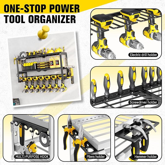 Power Tool Organizer Wall Mount - 300Lbs Load 3 Layers Storage Rack with 7 Drill Holders for Drills Cordless Tools. Heavy Duty Iron Garage Tool Organizer Storage for Workshop Shed Pegboard Basement