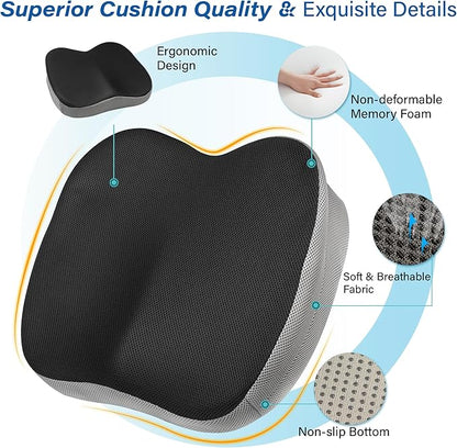 Car Seat Cushion, Ergonomic Memory Foam Car Cushion for Sciatica Pain Relief, Larger Driving Seat Pillow for Short Drivers on Long Drives - Butt Pillow for Truck, Office, Wheelchair - Large Black