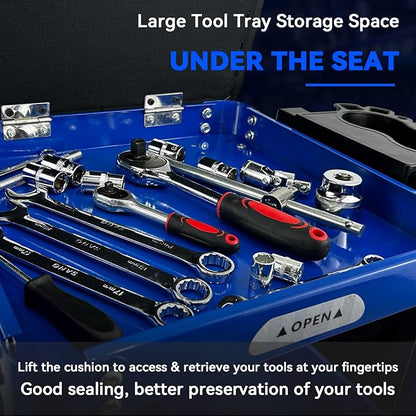 Rolling Creeper Garage Shop Seat for Men, Padded Mechanics Stool with Tool Tray Storage for Garage, Rolling Workshop Stool with Wheels, Auto Creeper Seat, 330 LBS Capacity, Heavy Duty, Blue