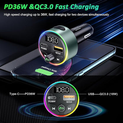 FM Transmitter Bluetooth 5.3 - SOARUN Fast Car Charger Adapter 54W [PD 36W & QC3.0 18W], Support Wireless Radio, Aux 3.5mm, Hands-Free Calling with 9 Colors LED Backlit