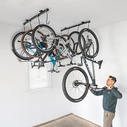 Teal Triangle Ceiling Mounted Bike Rack for Garage - Premium Bicycle Stand & Hanger for Space-Saving Storage | Adjustable Ceiling Hooks Hold 4-8 Bikes - Indoor Bicycle Rack System for basement
