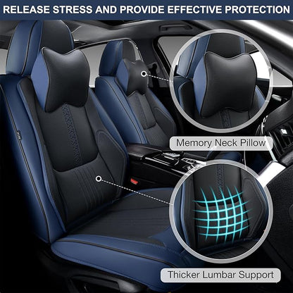 Front Seat Covers, 2 Pieces Universal Seat Covers for Cars, Waterproof Leather Auto Seat Protectors with Head Pillow, Car Seat Cushions Fit for Most Sedans SUV Pick-up Truck, Black&Navy