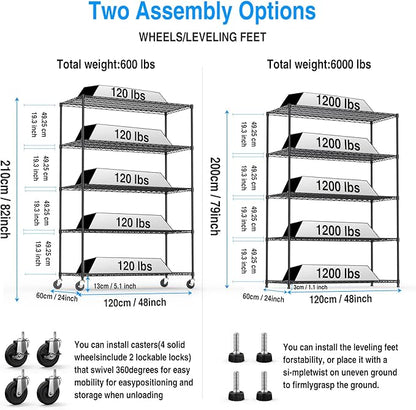 pouseayar Black 5 Tier Shelf Wire Shelving Unit, 6000lbs Capacity NSF Metal Heavy Duty Adjustable Storage Rack with Wheels & Shelf Liners, 82" H x 48" L x 24" D