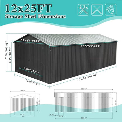 Domi 12x25FT Outdoor Metal Garage Shed, Extra Large Carport with Skylights & Dual-Entry, Backyard Storage Shed for Car, Truck, Lawn Mower and Tool, Dark Grey