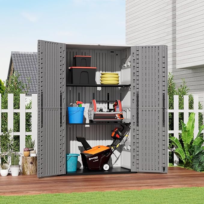 ZZM 67 Cuft Vertical Outdoor Storage Shed Diamond Texture Resin Outdoor Cabinet, 4x6 Sheds FT for Garden, Patio, Backyard, All-Weather Plastic Storage Clearance, Lockable with Floor (Grey-White)