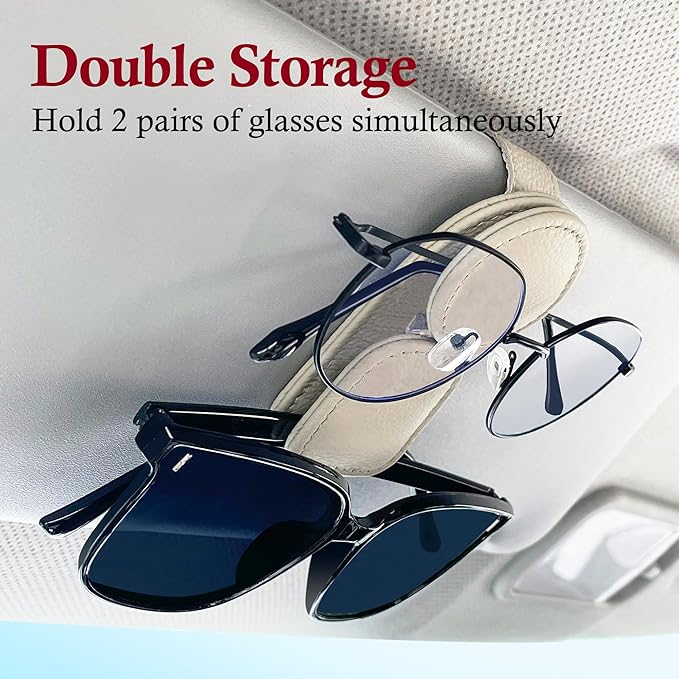 KIWEN Sunglasses Holder for Car Visor, Magnetic Leather Sunglass Eyeglass Hanger Clip for Car Sun Visor Accessories (1, Beige)