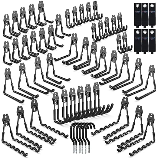 3-H Garage Wall Hooks 60 Pack, Heavy Duty Garage Hooks with Extra Welding Spots, Wall Mount Storage Organizer for Hanging Garden Lawn Tools, Ladder, Bike, WeedEater, Chair, Shovel, Blower (Black)