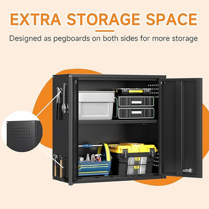 Metal Garage Wall Cabinet with 2 Doors and 1 Adjustable Shelf,Lockable Floating Tool Cabinet with Pegboard,Black Steel Storage Cabinet for Kitchen,Office,Garage,Laundry,Warehouse(Black, 26" H)