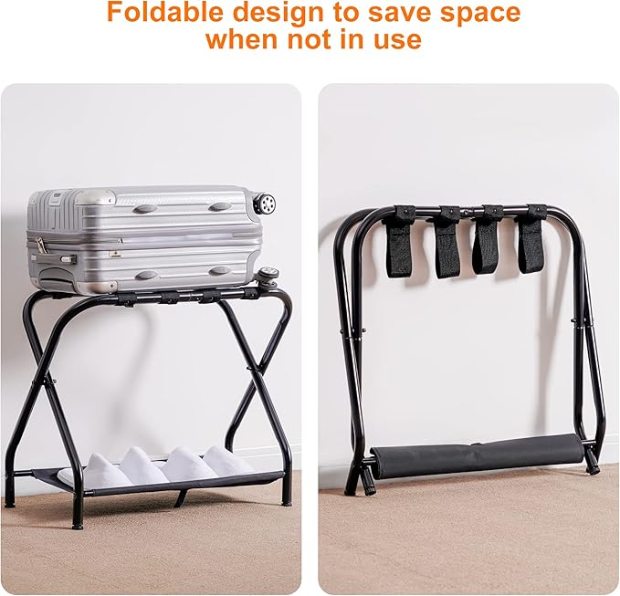 Heybly Luggage Rack, Steel Folding Suitcase Stand with Storage Shelf for Bedroom, Hotel, Foldable Steel Frame, Guest Room Bedroom Hotel, 22.8" L x 11.8" W x 20.9" H, Black HLR004B1