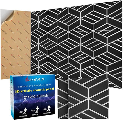 12 Pack 2-Layer Soundproof Wall Panels, 12 x 12 x 0.43 in Sound Proof Foam Panels for Walls, 1.1lb/ft* High Density, Thicker 0.43 in, 3D Acoustic Panels,Artistic Noise Dampening Panels Black&White