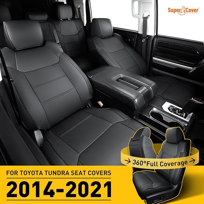 Super Cover for Toyota Tundra Seat Covers 2014-2021(CrewMax only), Full Covered Black Seat Protectors Pickup Truck Leather Seat Cover Set for Tundra 2021 2020 2019 2018 2017 2016 2015 2014 Accessories
