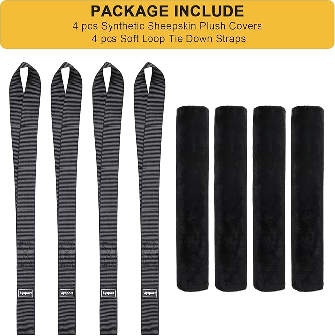 Ayaport Soft Tie Cover Set Include 4 pcs Synthetic Sheepskin Plush Covers and 4 pcs Soft Loop Tie Down Straps for Protecting Motorcycle, Dirt Bike, ATV, UTV etc. 1"x15"
