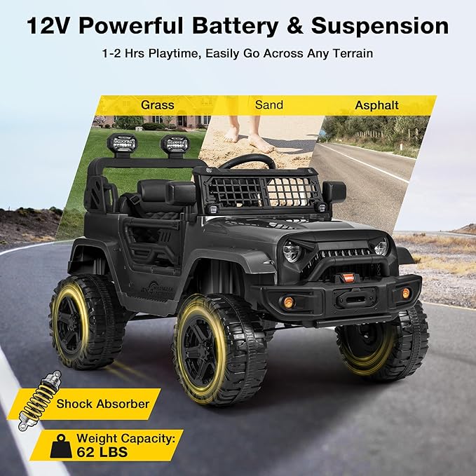 12V Ride On Truck for Kids, Electric Cars for Toddlers w/Remote Control, Soft Start, LED Lights, Horn, Radio, USB/AUX/MP3, Battery Powered Cars for Kids to Drive (Black)