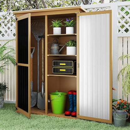 Outdoor Storage Shed with Shelf,Wood & Metal Storage Cabinet with Lockable Doors & Sloping Roof,Vertical Garden Shed for Patio Backyard,Tool Shed and Accessories, Brown