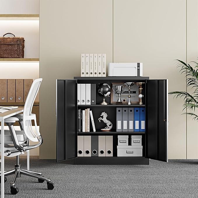 Yizosh Metal Garage Storage Cabinet with 2 Doors and 2 Adjustable Shelves - 35.5" Steel Lockable File Counter Cabinet for Home Office,Garage,Gym,School（Black）