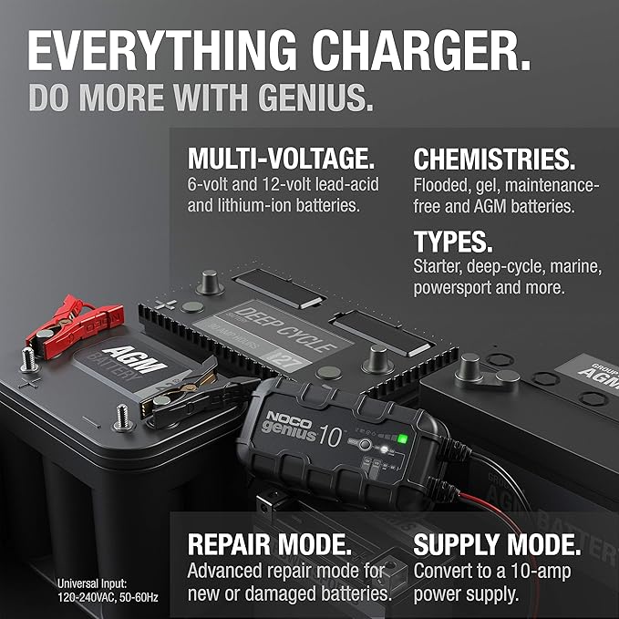 NOCO GENIUS10: 10A 6V/12V Smart Battery Charger – Automatic Maintainer, Trickle Charger & Desulfator with Overcharge Protection & Temperature Compensation – For Lead-Acid & Lithium Batteries