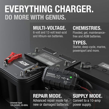 NOCO GENIUS10: 10A 6V/12V Smart Battery Charger – Automatic Maintainer, Trickle Charger & Desulfator with Overcharge Protection & Temperature Compensation – For Lead-Acid & Lithium Batteries