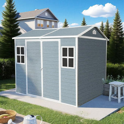 8x6 FT Outdoor Storage Resin Shed with Floor,Waterproof Plastic Garden Bike Shed with Lockable Door, Sloped Roof, Vents & Windows, Easy Assembly Tool Shed for Lawn, Backyard, Patio, Grey