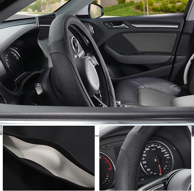 SEG Direct Car Steering Wheel Cover for Prius Civic Model 3 Model Y Camaro, Small Size 14-14.25 inch, Black Microfiber Leather