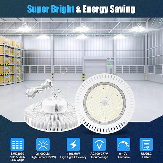 150W LED High Bay Light, AC100-277V 21,000LM 0-10V Dimmable (Equiv. to 650W HID/HPS) UL Listed IP65 Waterproof 5000K UFO LED Shop Lights for Warehouse Factory Gym Area Light