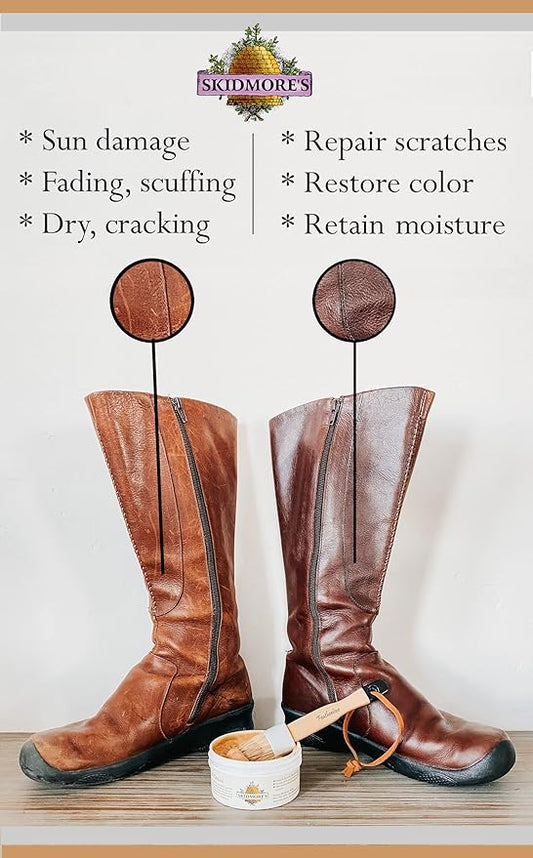 Skidmore's Leather Cream: All-Natural, Non-Toxic Leather Conditioner - Made in USA Since 1984. Water Repellent Formula Restores Leather Couches, Car Seats, Boots, Shoes, Purses, Bags, and Tack. 6 Oz