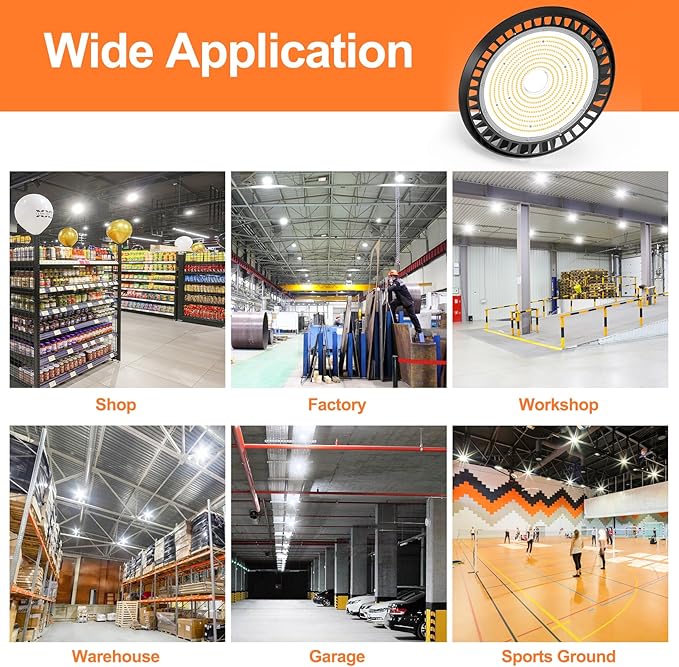 LED High Bay Lights, 150W UFO High Bay LED Shop Lights, 22500LM Adjustable CCT(5700K 5000K 4500K) & Power(150W 120W 80W), 0-10V Dimmable, 5' Cable Plug, IP65 Waterproof, ETL & DLC Listed High Bay