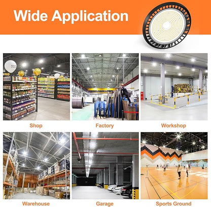 LED High Bay Lights, 150W UFO High Bay LED Shop Lights, 22500LM Adjustable CCT(5700K 5000K 4500K) & Power(150W 120W 80W), 0-10V Dimmable, 5' Cable Plug, IP65 Waterproof, ETL & DLC Listed High Bay