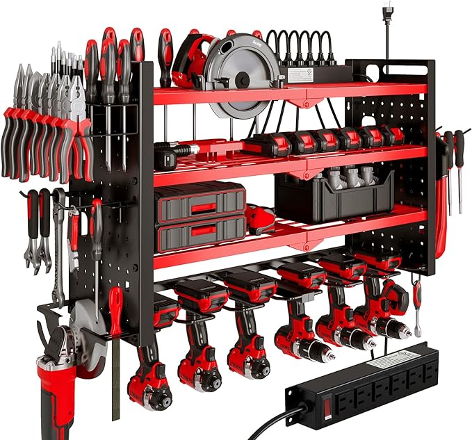Power Tool Organizer Wall Mount with Charging Station 4 Layer 6 Slot Cordless Drill Holder with Angle Grinder Holder (Red)