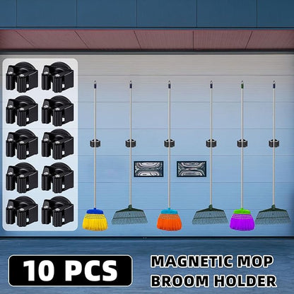 10 Pcs Magnetic Mop Broom Holder Movable Magnetic Broom Holder Rack, Anti Slip Wall Mounted Utility for Cleaning Tools, Garage, Kitchen, Laundry, Garden (Black)