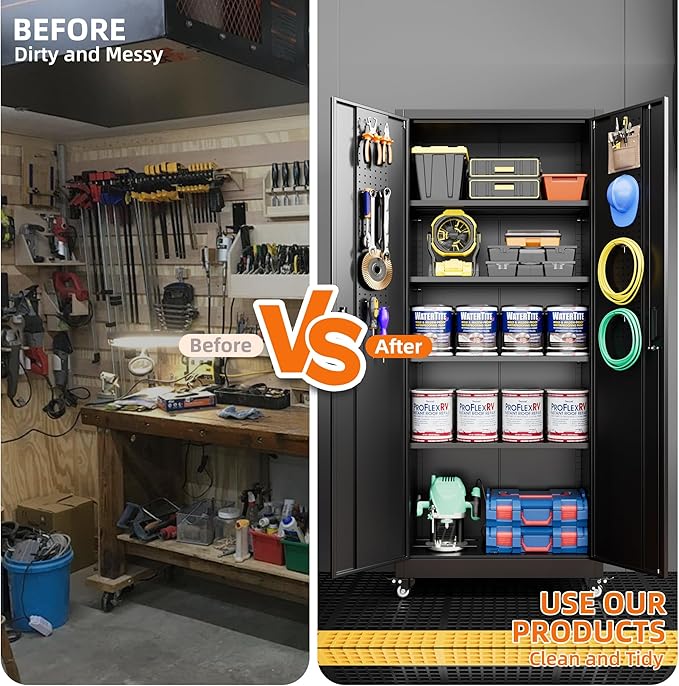 Garage Storage Cabinet with with Pegboard and Wheels,73" Metal Lockable File Cabinet with 2 Doors and 4 Adjustable Shelves,Tool Storage,Home Office Garage,Gym,School (Black)