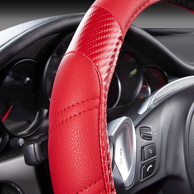 CAR PASS Line Rider Microfiber Leather Sporty Steering Wheel Cover 14.5-15 inch Universal Fits for 95% Truck,SUV,Cars, Anti-Slip Safety Comfortable Desgin (Red-Carbon Fiber)