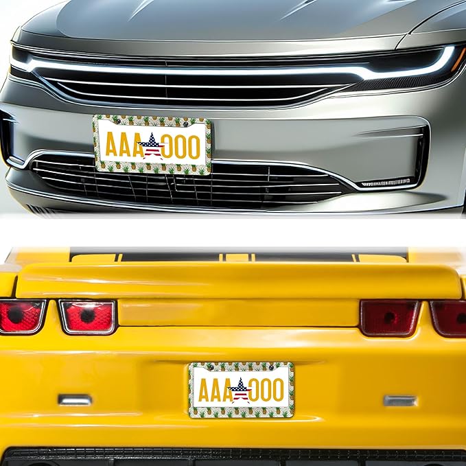 Car License Plate Frame Black Yellow License Plate Frames Yellow Pineapple Aluminum Metal Car Accessory 2 Pack with Screw Covers Set