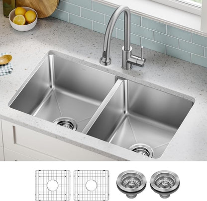KRAUS Fairlane 33-inch Undermount Double Bowl 18-Gauge Stainless Steel Kitchen Sink, KHU632-33