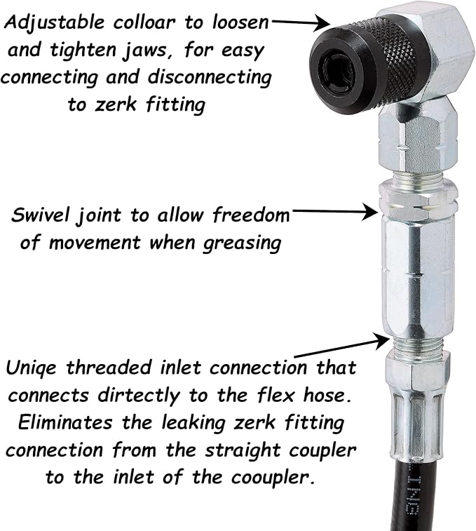 Slippery Pete 90 Degree Grease Gun Coupler - 18 Inch Flex Hose, Threaded Connection, Swivel Head, Grease Gun Fittings Compatible, 31mm Length Head for DIY Mechanics, Garage and Auto Mechanics