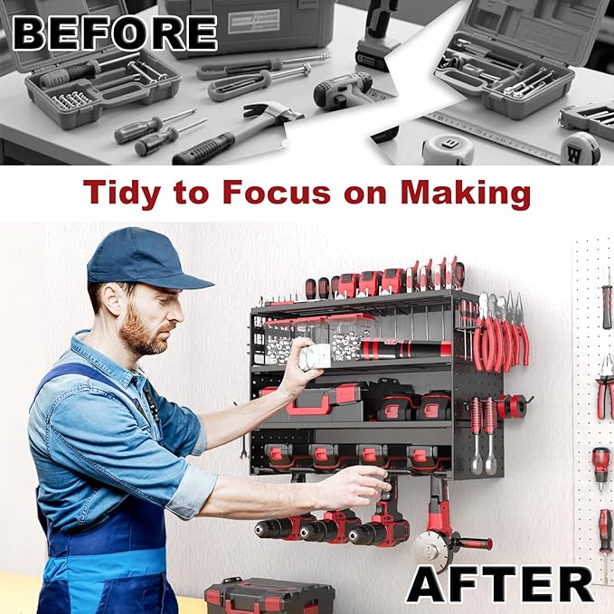 Power Tool Organizer Wall Mount - 4 Layer Metal Power Tool Storage Rack, Cordless Drill Holder with 4 Hooks, Utility Storage Rack for Garage Workshop Shed Pegboard
