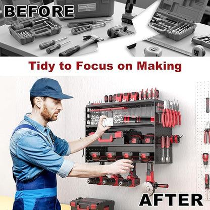 Power Tool Organizer Wall Mount - 4 Layer Metal Power Tool Storage Rack, Cordless Drill Holder with 4 Hooks, Utility Storage Rack for Garage Workshop Shed Pegboard