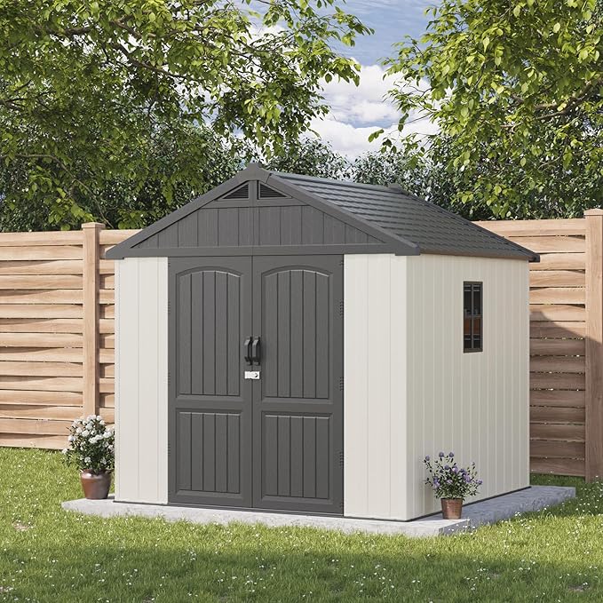 Patiowell 8 x 8 FT Plastic Outdoor Storage Shed with Floor, Resin Shed with Window and Lockable Door for Garden, Backyard, Tool Storage Use, Easy to Install in Beige (Kick-it Shed)