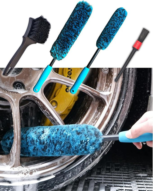 PRO Choice 4 Pack Long Handle Wheel Brush Kit for Cleaning Wheel and Tire- 2X Soft Wheel Cleaning Brush, Detailing Brush and Stiff Tire Brush